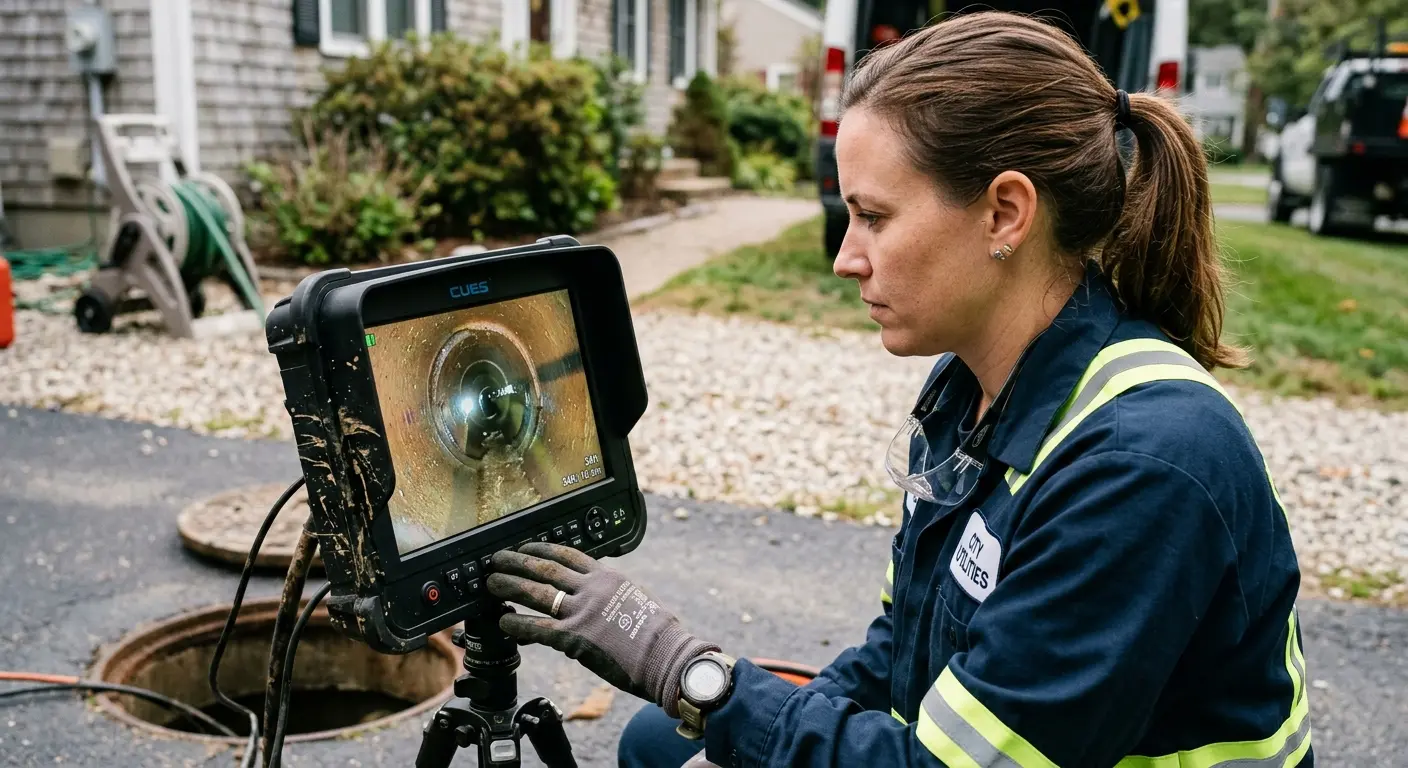 Technician reviewing sewer camera inspection footage in Rathdrum
