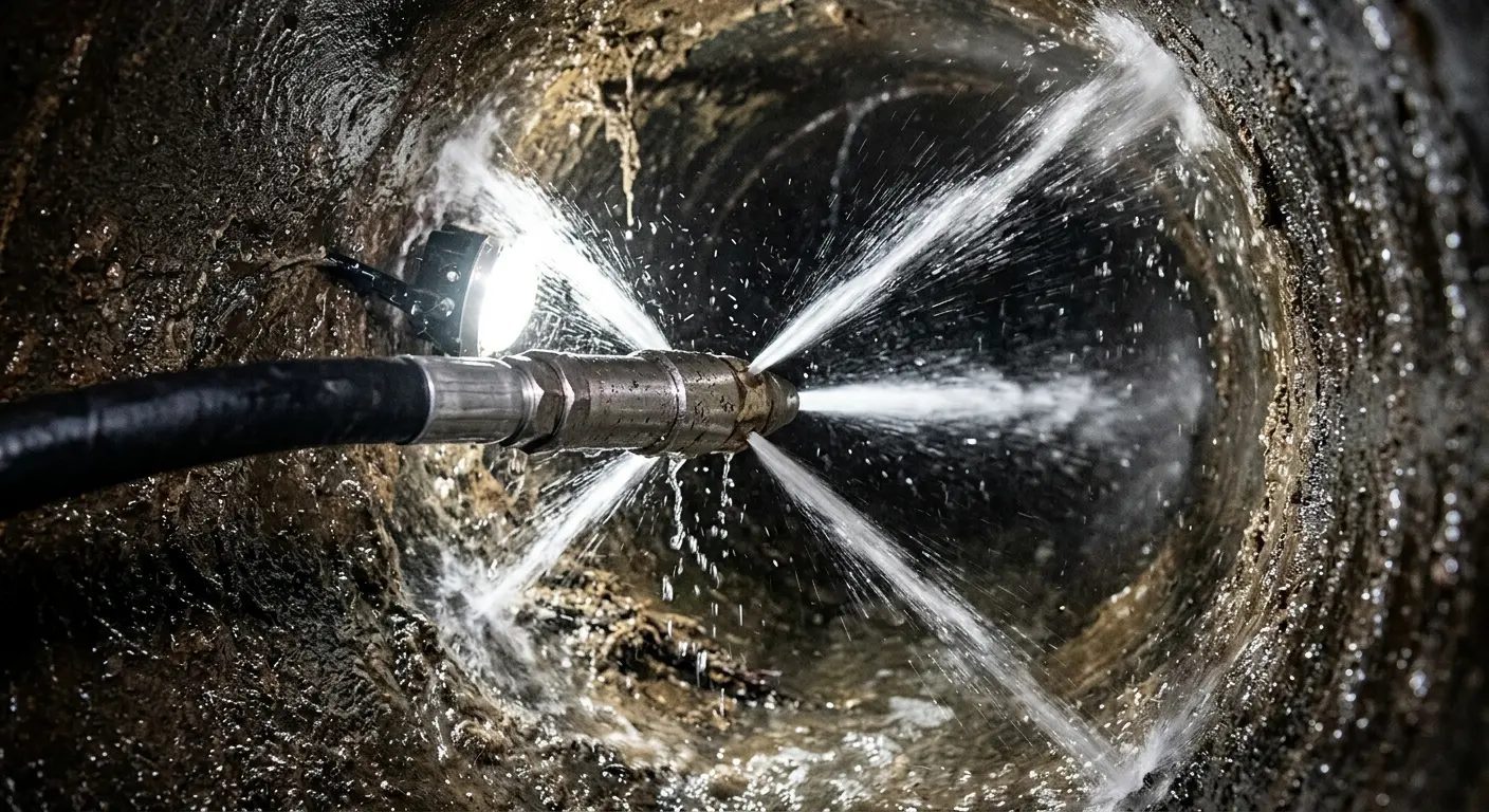 High-pressure hydro jetting nozzle cleaning sewer pipe for Trenchless Sewer Repair in Rathdrum