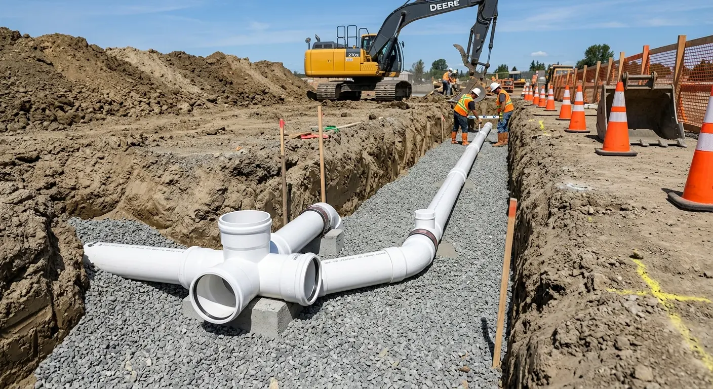 New PVC sewer pipe installation in open trench for Sewer Backup in Rathdrum