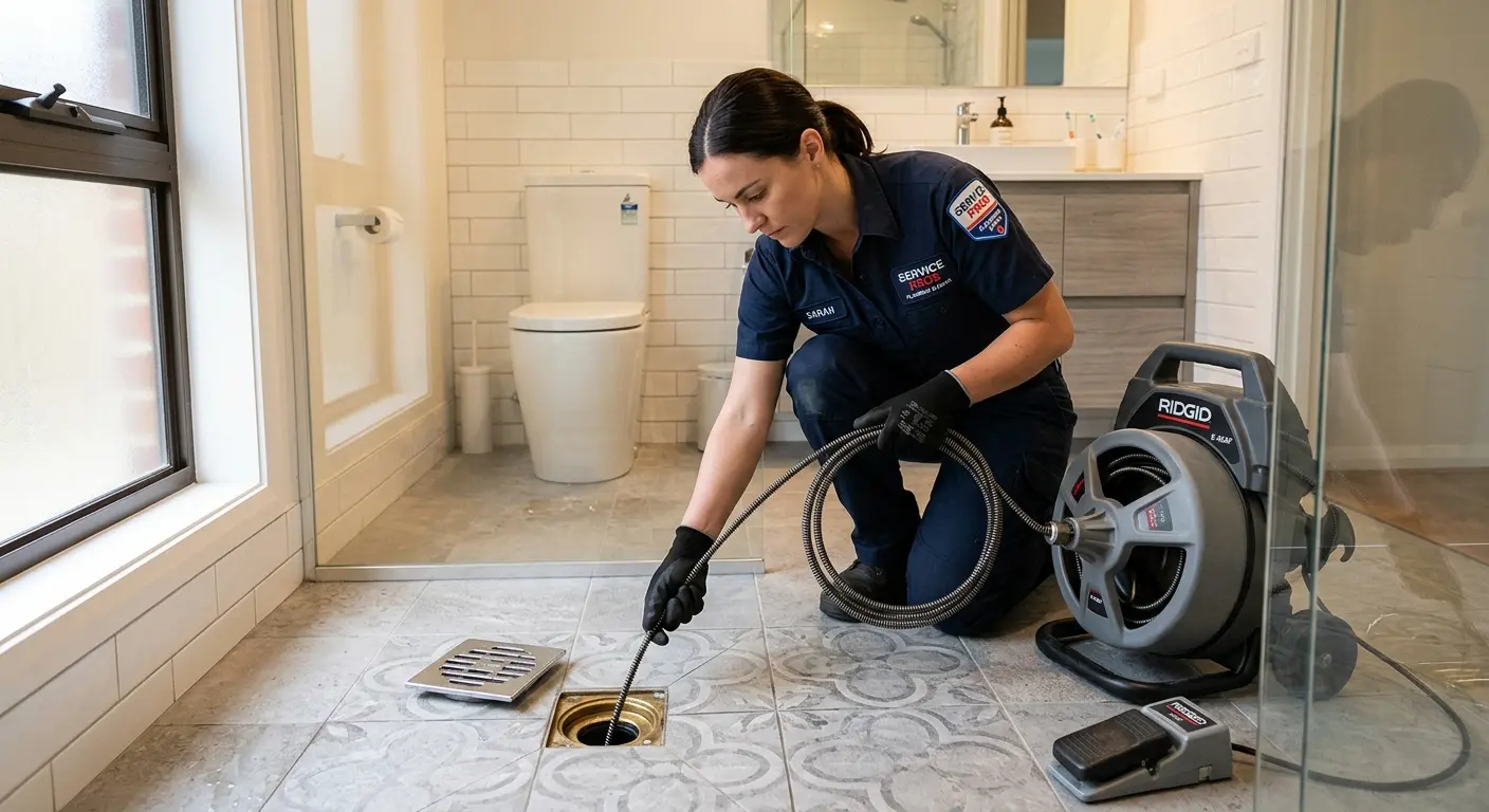Technician clearing a bathroom floor drain for Drain Cleaning in Rathdrum